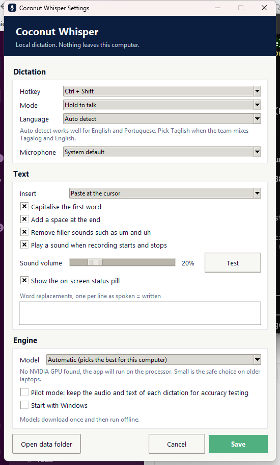 The Coconut Whisper settings window